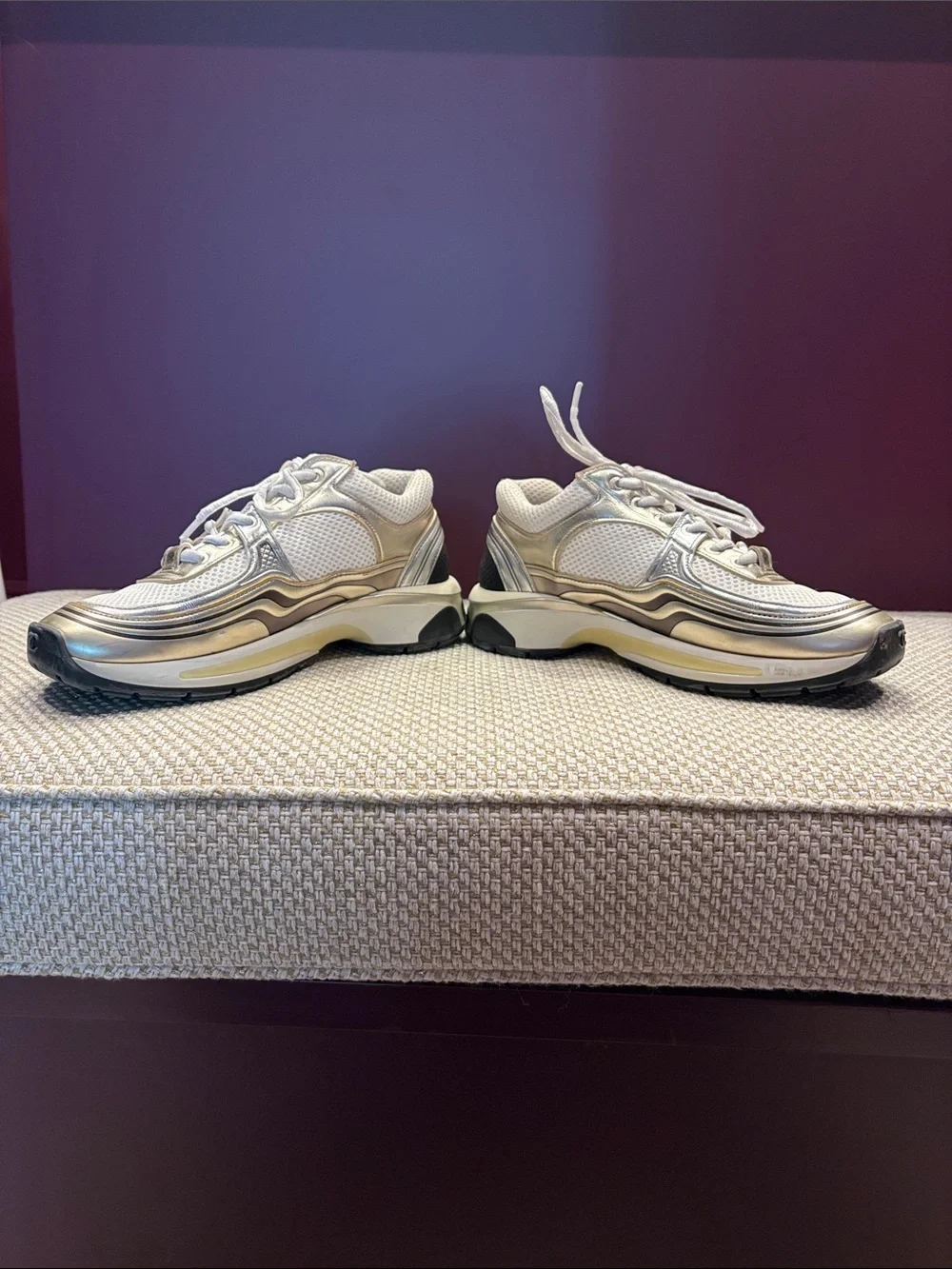 CHANEL Cream and Metallic Silver Low-Top Sneakers
